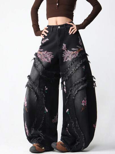 1 pieza Pantalones vaqueros anchos y sueltos de estilo callejero japonés con patchwork y bordados para mujer, pantalones vaqueros casuales cómodos de alta calle, adecuados para todas las estaciones (cinturón/accesorios no incluidos) Vacaciones