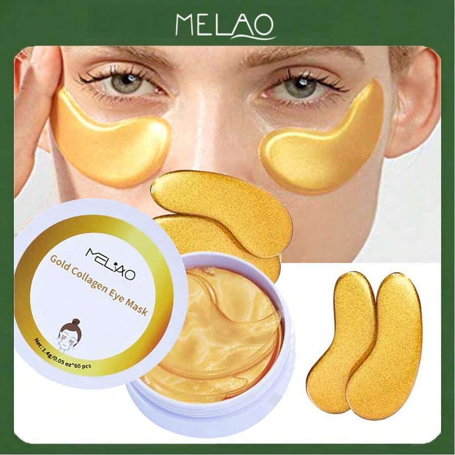 MELAO MELIAO黄金胶原蛋白眼膜贴 - 60对，抗衰老眼膜，有效减少皱纹、黑眼圈和眼袋，富含黄金成分，保湿紧致，女士佳礼 - 每片1.4克 - 金色 - 查看 1