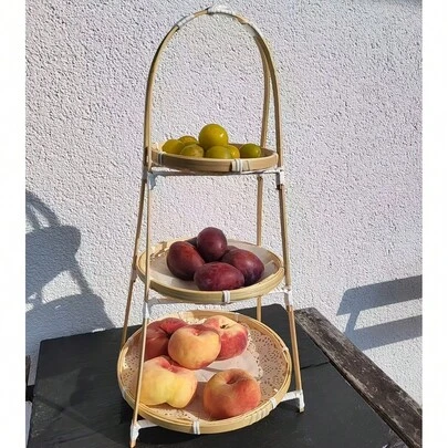 1 khay đựng đồ ăn nhẹ bằng tre đan thủ công truyền thống màu tre tự nhiên có tay cầm, giá trưng bày bánh có thể tháo rời, đa năng dùng cho lễ đính hôn, đám cưới, tiệc tùng, trưng bày bánh và trà sáng tạo, giỏ tre thủ công, có thể tháo rời và dễ rửa.