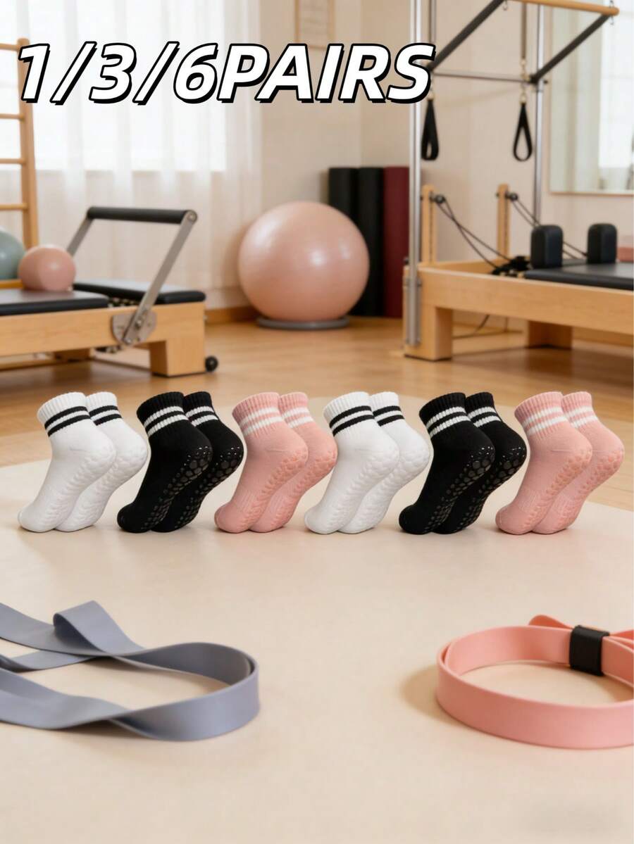 1/3/6 paires de chaussettes de yoga antidérapantes pour femmes, adaptées pour le yoga, le pilates, le ballet, le port à l'hôpital avec un design antidérapant - Multicolore - Voir 1