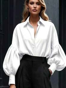 Women's Elegant Blue Shirt - Classic Long Sleeve Puff Sleeve, Suitable Office, Casual, Formal Occasions, Spring/Summer/Autumn - trắng - Xem 8