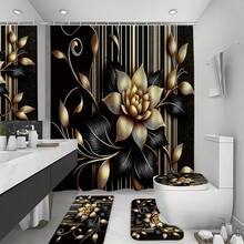 1/4 件套黑金花卉浴室套装，高品质涤纶浴帘（含 12 个挂钩）、防滑浴垫、U 型马桶盖套 - A - 查看 21