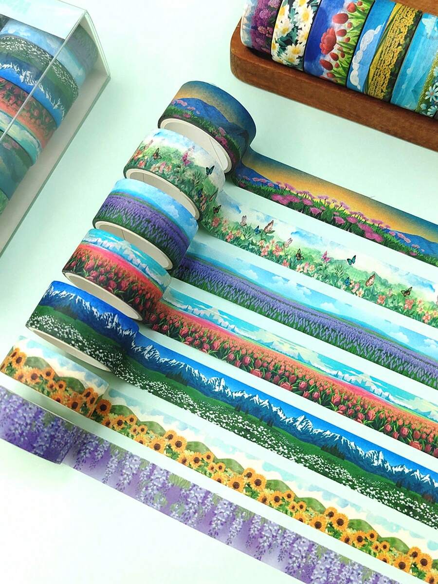 14卷/盒 春季花卉海洋主题和纸胶带，郁金香、薰衣草、山茶花海洋风景胶带，花卉图案剪贴簿装饰材料套装 - 套裝 - 查看 1
