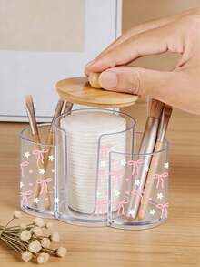 Caja de almacenamiento de plástico transparente con tapa de bambú con diseño de lazo rosa en 3 en 1, organizador de maquillaje de escritorio con tres agujeros redondos, caja de almacenamiento de cosméticos transparente con tres compartimentos - Caja de almacenamiento de tocador moderno con tapa, ideas de regalo para mujeres - Multicolor - Ver 6