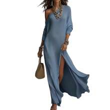 2026 Summer New Elegant Long Sleeve Knitted Pleated Slit Bodycon Dress For Women Fashion European And American Style Party Clubwear Casual Office Maxi Dress - Xanh lam công - Xem 6