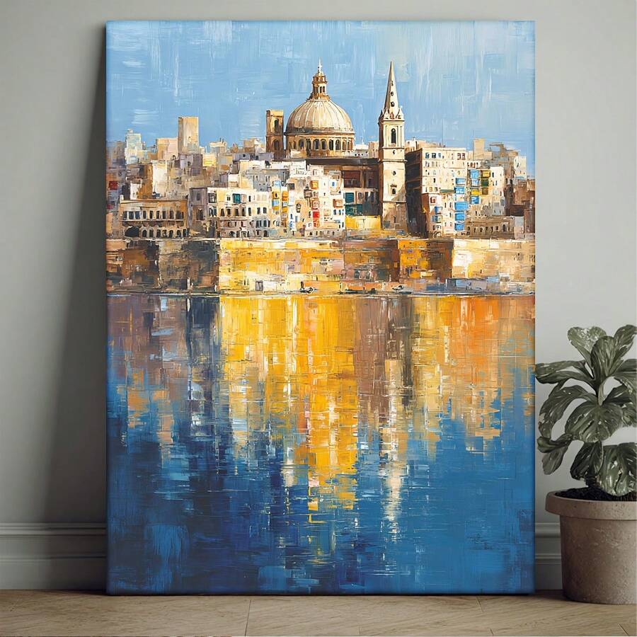 Lienzo 2D plano, 2D plano, 2D plano 1 pieza, que incluye un marco, con medidas de 30.48X40.64 cm, que presenta una pintura abstracta humorística estilo manga de Malta. Esta impresión en lienzo muestra el skyline de Valletta, representando la esencia artística de Malta. - Sin marco - Ver 1