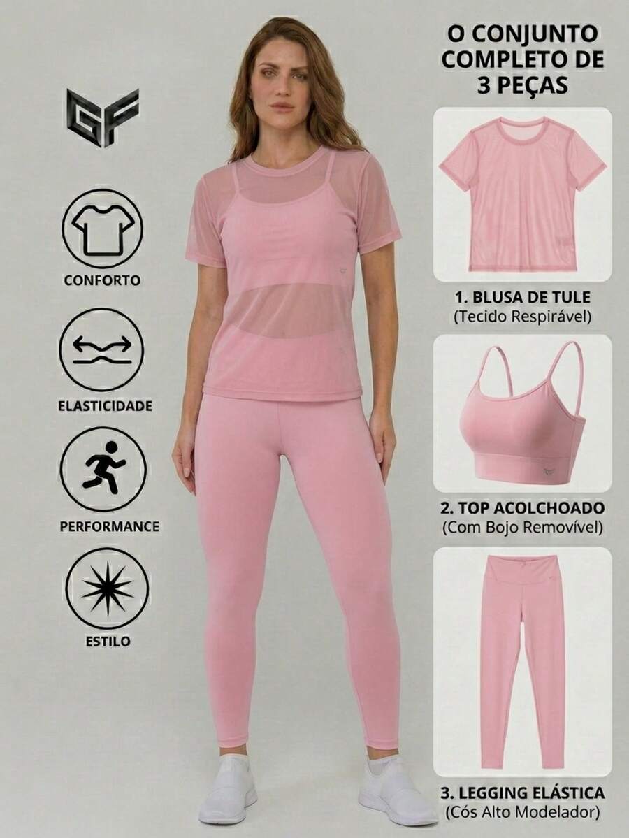 Women's 3-Piece Fitness Kit - Tulle Blouse + Padded Top + Leggings - Women's 3-Piece Gym Set – Tulle T-Shirt + Padded Top + Leggings - 淺粉色 - 查看 1