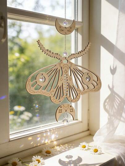 1 pieza Colgante de pared de madera con forma de polilla, luna y sol de cristal, estilo bohemio, decoración de ventana de bruja, atrapasueños de arcoíris, decoración de fases lunares y polillas celestiales, ornamento de meditación espiritual, colgante de bola de cristal, regalo para mamá, decoración de estantería, ventana y habitación de yoga y sala de estar, accesorios de estilo bohemio para el hogar, decoración de energía positiva, regalo de inauguración de la casa, prisma de curación de cristal, decoración bohemia para el hogar, decoración de habitación de bruja, colgante celestial de sol en el alféizar de la ventana