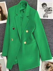 Blazer Wanita Lengan Panjang Polos Kancing Ganda Musim Semi & Musim Panas, Kerah Berlekuk | Ideal untuk Kencan, Pesta, Jalan-jalan & Perayaan Meriah - Hijau zamrud - View 9