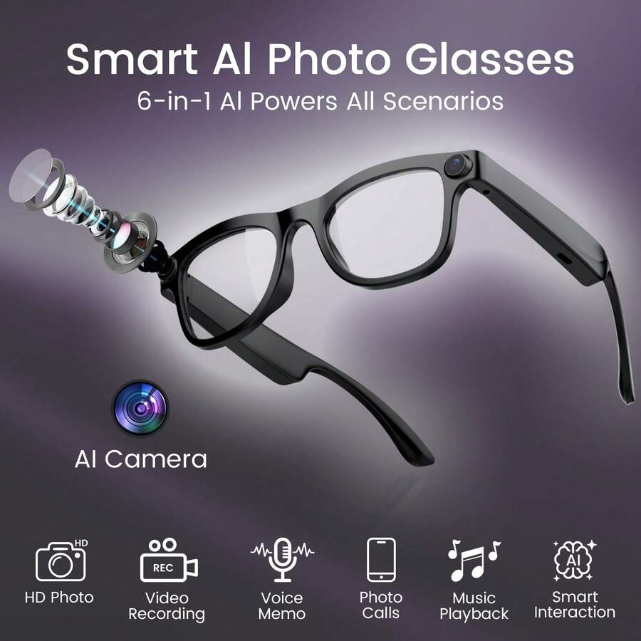Bluetooth Smart Glasses And AI Camera Glasses With 20-Megapixel Resolution, Featuring A Dual-Camera System That Supports Both Photo And Video Capture. They Can Play Music, Answer Calls, And Support AI Voice Interaction, Making Them Ideal For Cycling, Sports Photography, And Business Use. They Offer Long Battery Life, Clear Audio Quality, And Come Equipped With Touch Controls And Voice Assistant Functionality. - View 1