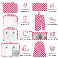 8 Set Travel Storage Bag Packing Cubes Portable Clothes Packing Cubes,Lightweight Waterproof Luggage Organizer For Clothes, Shoes, Makeup, Accessories - Pink Plaid - View 2