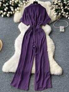 Fashion High Waist Casual Jumpsuit With Suit Collar - 紫色 - 查看 3