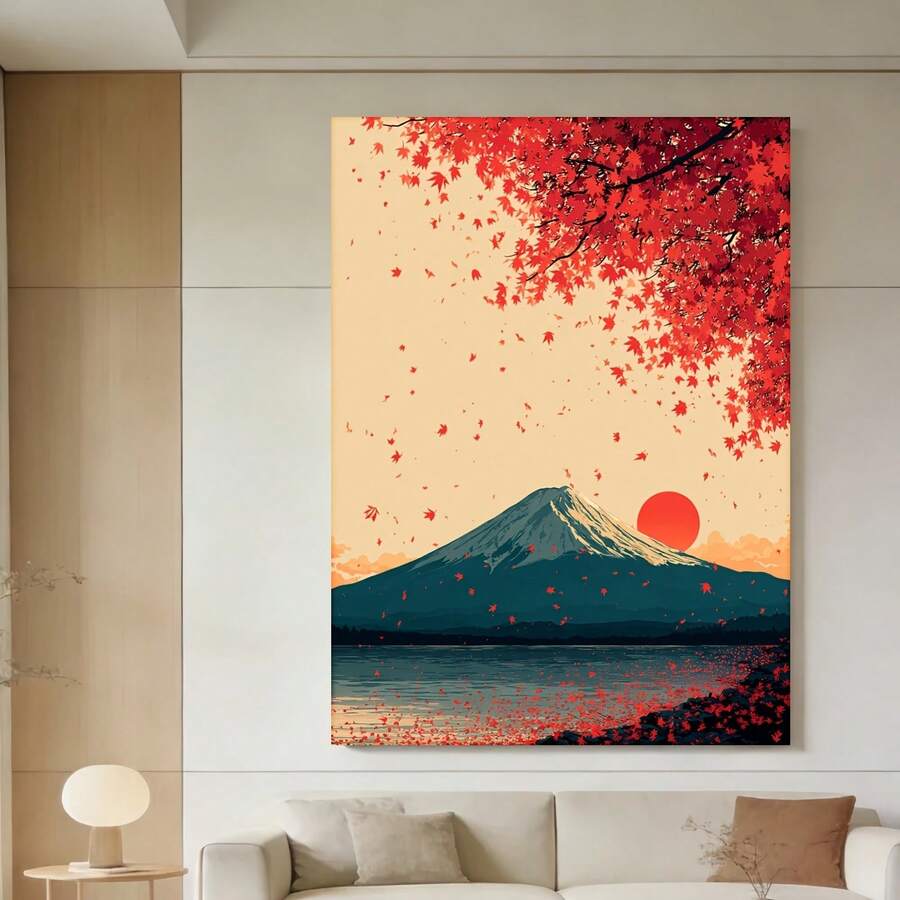 Enmarcado 2D Plano, 2D Plano, 2D Plano 1 pieza, Incluye Marco,  [2D Plano] Obrero de Arte Humorístico Estilo Manga de Monte  al Amanecer con Hojas Rojas de Arce Bajando, Póster de Arte Japonés o Impresión en Lienzo, Obrero de Arte de la Naturaleza Sereno - Enmarcado - Ver 1