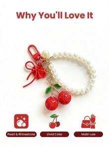 1 Peça Chaveiro Grande com Strass Vermelho em Formato de Cereja e Pérola, Pingente de Cereja Vermelha Cintilante com Folhas Verdes, Encantos de Coração Vermelho e Laço, Metal de Liga, Presente de Aniversário para Mulheres, Charme Decorativo, Acessório de Moda, Charme Estiloso, Amantes da Moda - Multicolorido - Visão 4