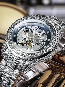 T-WINNER 1 pieza Reloj de pulsera automático mecánico clásico vintage para hombre con bisel giratorio, manecillas luminosas, esfera con decoración de diamantes, pulsera de acero inoxidable de lujo, para negocios y uso casual - Plateado - Ver 2