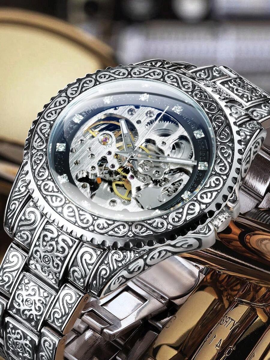 T-WINNER 1 pieza Reloj de pulsera automático mecánico clásico vintage para hombre con bisel giratorio, manecillas luminosas, esfera con decoración de diamantes, pulsera de acero inoxidable de lujo, para negocios y uso casual