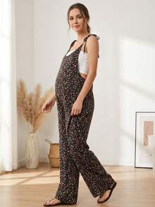 可调节肩带碎花孕妇连体裤度假黑色夏季 - 黑色 - 查看 1