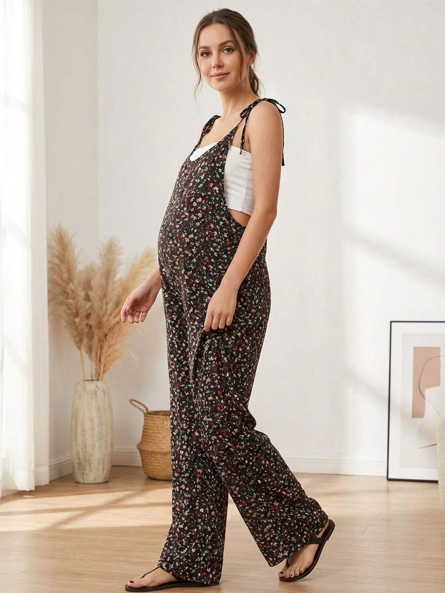 可调节肩带碎花孕妇连体裤度假黑色夏季 - 黑色 - 查看 1