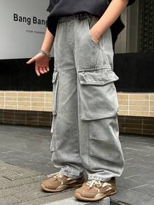 男童宽松休闲牛仔裤，适合日常、上学、户外活动穿着，春季款 - 灰色 - 查看 9