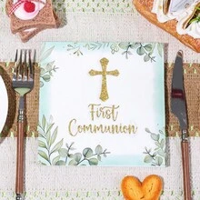 20/40/60pcs Disposable Paper Napkins, Gold Glitter Cross & Watercolor Eucalyptus Leaf Decor, 2-Ply Thickened Decorative Tissue Handkerchief, Suitable For Communion, Baptism, Religious Celebration, Church Events, Christian Ceremony, Party Supplies, Size 13*13 Inches - Multicolor - View 2