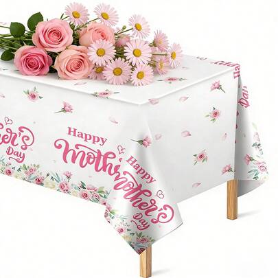 1 chiếc khăn trải bàn màu hồng chủ đề Ngày của Mẹ, kích thước 108 x 54 inch, khăn trải bàn nhựa chống thấm nước dùng một lần, thích hợp cho tiệc Ngày của Mẹ, dùng tại nhà và ngoài trời.