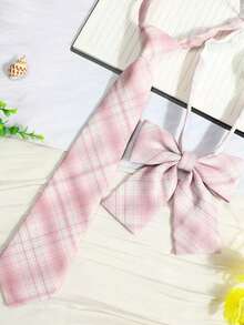 1 Set Classic Collegiate Pink Plaid Necktie And Bow Tie Set - Multicolor - View 1