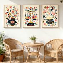 Rahmenlose 3-teilige Set, Kunstmalerei im pastoralen Stil für Tee und Kaffee Wanddekoration, Retro botanischer Blumen Retro-Muster Leinwandposter, botanische Küchendekoration, Café-Dekoration, ideales Geschenk für Kaffeeliebhaber, geeignet für Küche, Café, Esszimmer, Wohnzimmer usw. - Abstrakt - Übersicht 1
