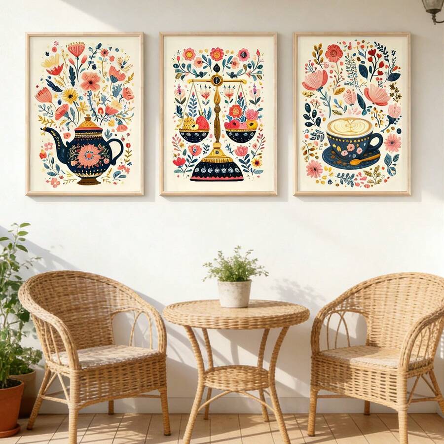 Rahmenlose 3-teilige Set, Kunstmalerei im pastoralen Stil für Tee und Kaffee Wanddekoration, Retro botanischer Blumen Retro-Muster Leinwandposter, botanische Küchendekoration, Café-Dekoration, ideales Geschenk für Kaffeeliebhaber, geeignet für Küche, Café, Esszimmer, Wohnzimmer usw. - Abstrakt - Übersicht 1