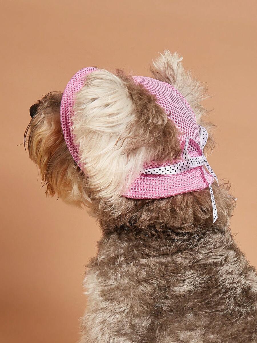 Sombrero redondo de malla con lunares, sombrero de sol lindo y transpirable para mascotas, gato/perro de peluche princesa - Rosa - Ver 1