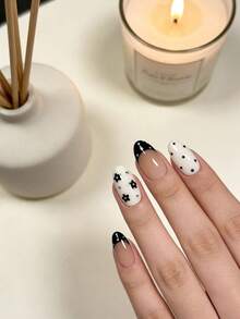 10 Pieces, Handmade Short Black French Flower Almond Shaped Design, Suitable For Acrylic Pressed Fake Nails Worn By Women And Girls At Holiday Parties, Including 1 Mini Nail File And 1 Self-Adhesive Label - Multicolor - View 2