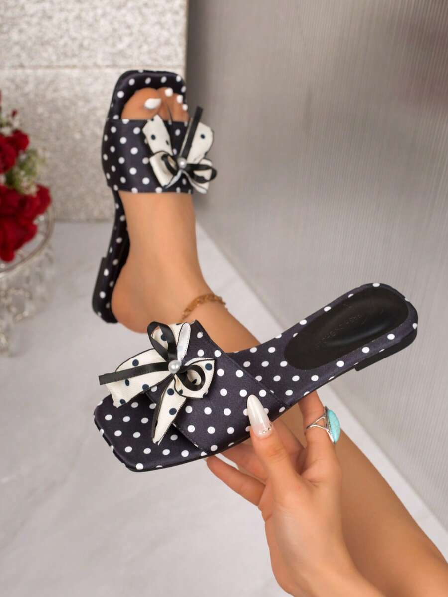 Women's Summer New Explosion Vintage Polka Dot Square Toe Slippers, Exquisite Bow Decor, Soft Bottom Non-Slip Lightweight, Suitable For Home, Leisure, Daily Wear, Photography, Girl Style Design, Versatile For Multiple Occasions,Beach Shoes - Black - View 1