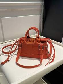 Fashionable Solid Color PU Drawstring Mini Handbag, Metallic Color Crossbody Shell Bag For Women - Orange - View 9