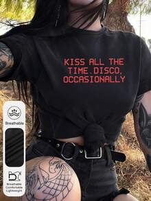 Camiseta Casual de Mujer con Estampado de Besos, Cuello Redondo y Manga Corta, Adecuada para Uso Diario y Fiestas Ocasionales, Color Negro de Verano - Negro - Ver 2