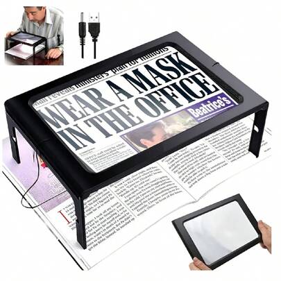Lupas de Mesa con luz, 3 lupas de Lectura A4, Lupa Rectangular con 4 Luces LED, 3 aumentos, con Soporte Plegable, Lupa de lectura A4, 3 veces de aumento para colgar las manos, lente de lupa plegable de computadora con luz LED para pasatiempos, manualidades, costura, cruz