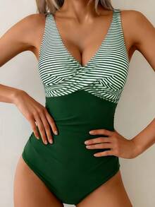 Women's One-Piece Swimsuit, Tummy Control, Front Criss-Cross Backless V-Neck Slimming Swimwear Vacation Beach Summer - Green Stripes - View 4