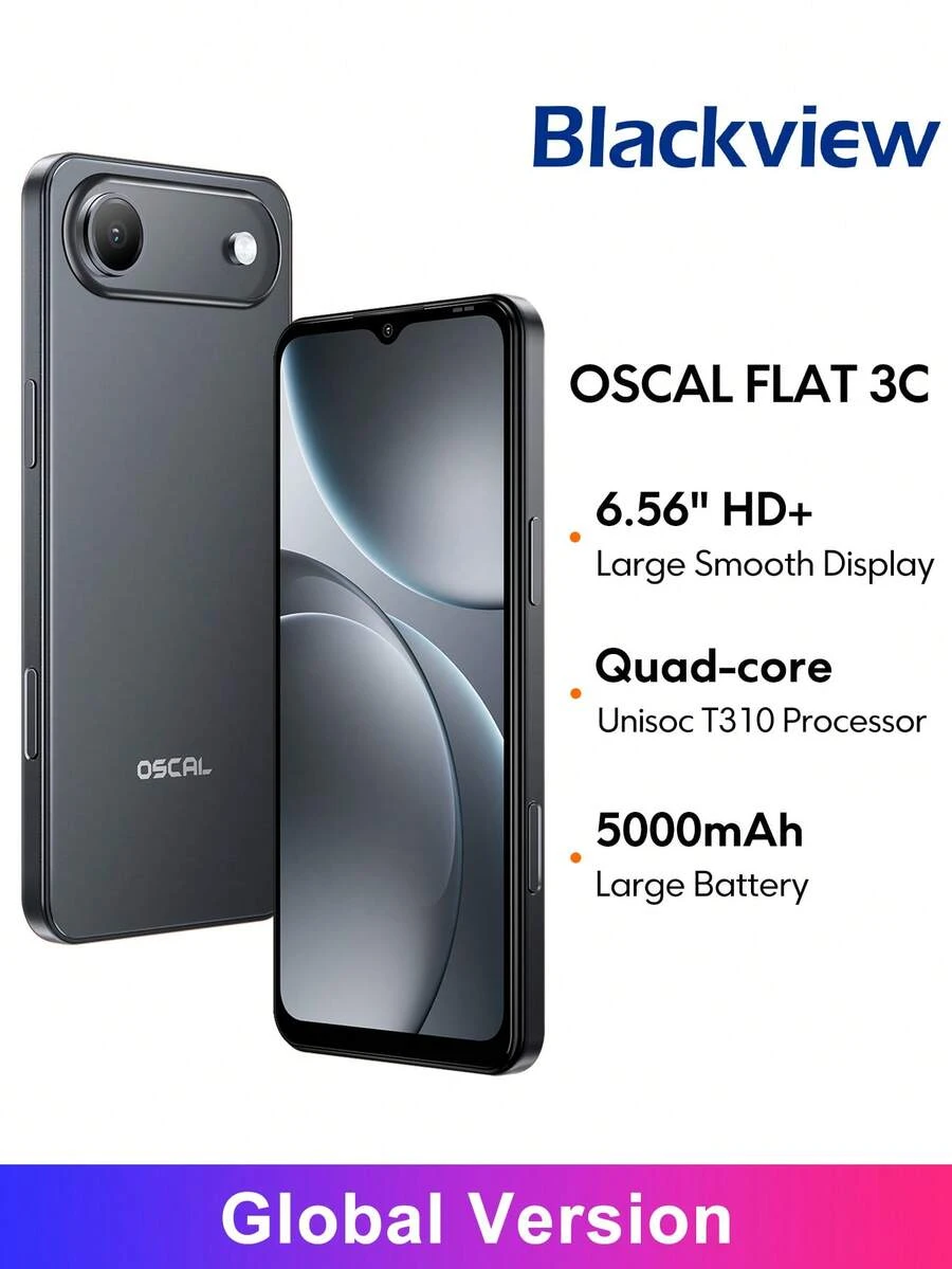 Blackview OSCAL FLAT 3C 智能手机全球版，6.56 英寸屏幕，3200 万像素后置摄像头 + 1300 万像素前置摄像头，搭载紫光展锐 T310 处理器，最大支持 2TB TF 卡扩展，5000mAh 电池 - 黑色 - 查看 1