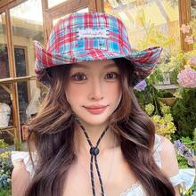 复古格子星星刺绣渔夫帽，大帽檐防晒夏季帽，百搭女士款式 - 彩色 - 查看 4