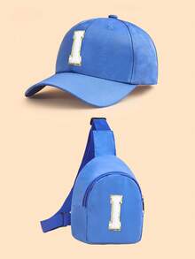 2 piezas Conjunto de gorra de béisbol con 26 letras y bolso bandolera para niños, gorra de sol azul ajustable + bolso de pecho casual, adecuado para uso diario - Azul - Ver 35