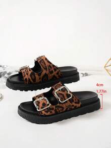 Leopard Print Double-Buckle Sandals For Women, Thick Sole Slip-On Slippers, Fashion Versatile Summer Outdoor Slides - Leopard Brown - View 7