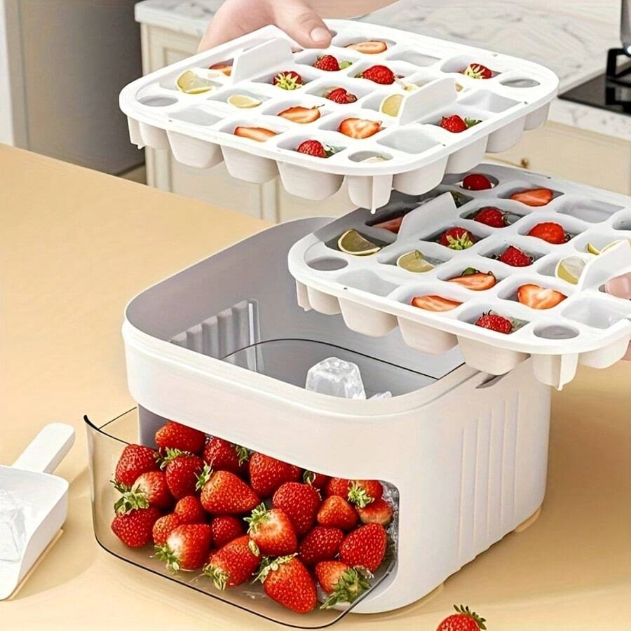 Bandeja de doble capa, de plástico resistente, bandeja de almacenamiento para refrigerador, adecuada para café, jugo, bebidas frías - ideal para almacenamiento en el refrigerador de fiestas y campamentos al aire libre, artículo esencial para campamentos al aire libre, cocina moderna, bandeja de enfriamiento de jugo, enfriamiento de bebidas, fabricante de hielo de doble capa, fabricante reutilizable, organizador de refrigerador, molde de un solo paquete con gran capacidad, adecuado para refrigeradores pequeños, viene con tapa. Este recipiente de almacenamiento de doble capa permite el apilamiento.