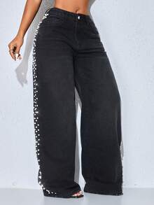 Quần jeans nữ ống rộng cạp thấp, màu xanh dương, kiểu dáng thường ngày, túi xéo, dáng suông. - màu đen - Xem 4