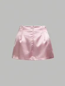 新款女士粉色缎面抽绳系腰A字迷你裙，高腰显瘦紧身裙，简约性感风格 - 粉色 - 查看 8