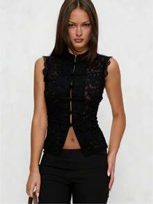 Women Long Sleeve Mandarin Collar Guipure Split Blouse Top Lace Floral Puff Sleeve Button-Down Shirt Slim Fit Elegant Sheer Tops Party Clubwear - 無袖黑色 - 查看 1