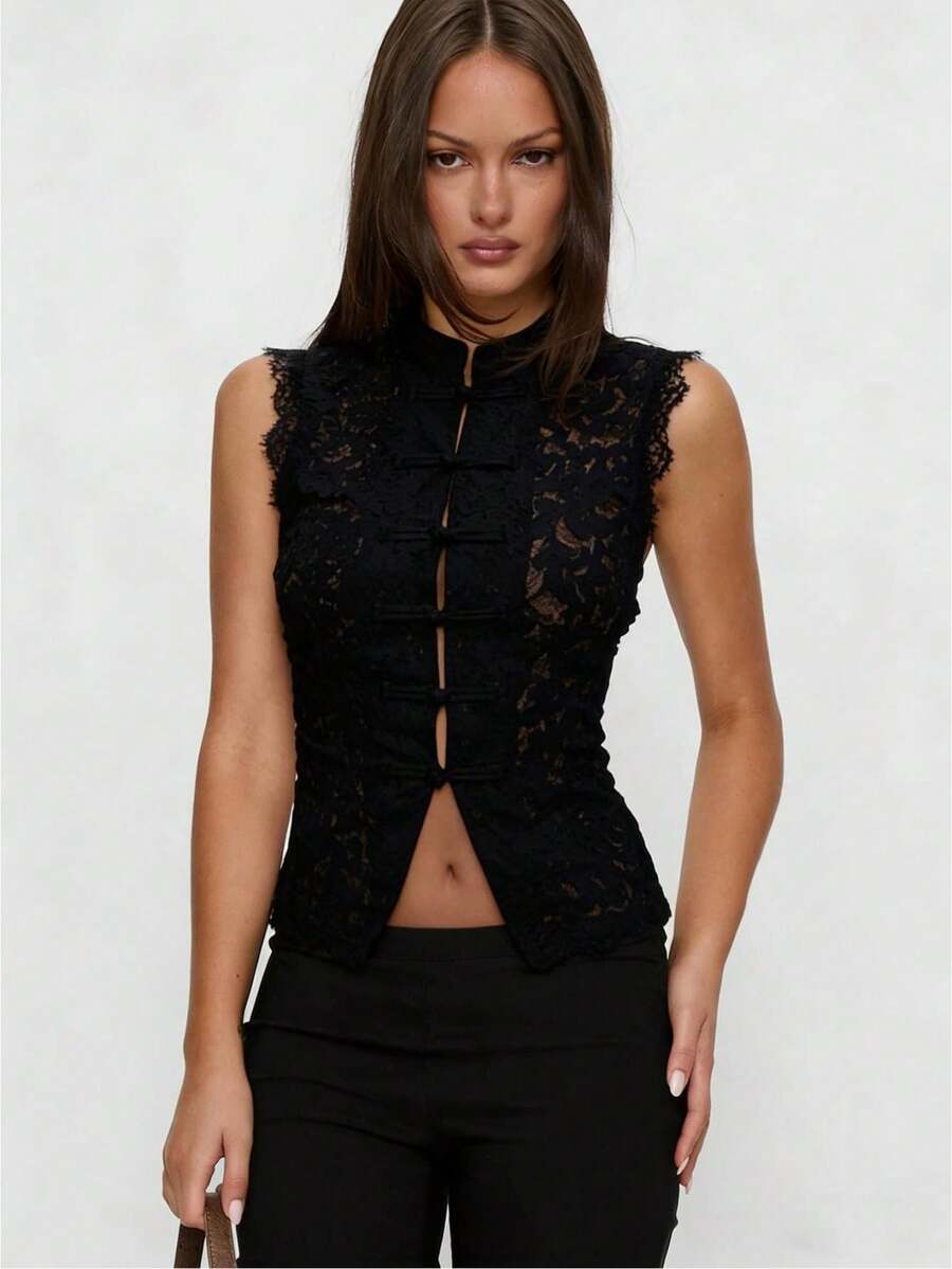 Women Long Sleeve Mandarin Collar Guipure Split Blouse Top Lace Floral Puff Sleeve Button-Down Shirt Slim Fit Elegant Sheer Tops Party Clubwear - 無袖黑色 - 查看 1