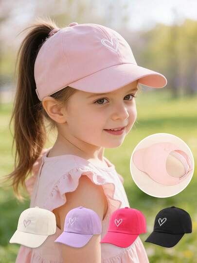 1顶儿童女童爱心刺绣马尾棒球帽，夏季户外防晒可调节帽，适合日常佩戴和旅行