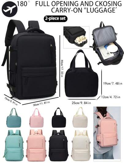 Bộ 1 balo du lịch xách tay bằng nylon nhiều màu sắc, mở hoàn toàn 180°, ngăn đựng giày dung tích lớn, nhiều ngăn nhỏ có khóa kéo, kèm túi đựng thức ăn trưa, thích hợp cho du lịch hàng không và nghỉ dưỡng.