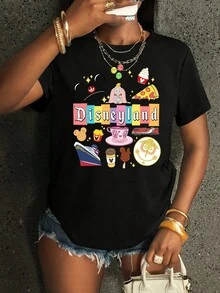 Women's Disneyland Graphic Print Black Tee, Casual Short Sleeve Round Neck Plus Size T-Shirt, Regular Fit Top For Party & Streetwear Style - màu đen - Xem 1