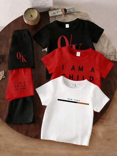 6pcs/Set Spring & Summer Casual Fashion Creative Personality Refreshing Minimalist Letter Print Short T-Shirt And Shorts Set, Comfortable Daily Wear For Little Boys
