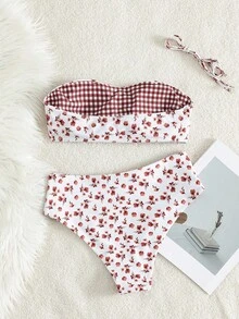Bikini floral best-seller d'été, maillot de bain 2 pièces taille haute pour femmes, rose et blanc, doux et mignon, ajusté, convient pour la plage et les vacances à la piscine - Fond blanc - Voir 2