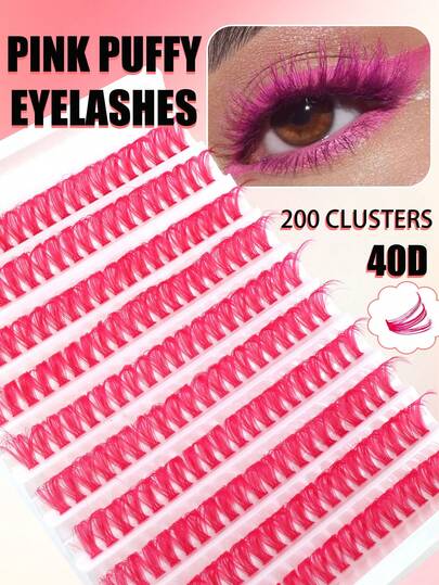 200 Clusters Magenta Segmented Fluffy Lashes, 40D Lightweight Curly Handmade Faux Mink Soft Voluminous Stage Makeup Cosplay False Eyelashes